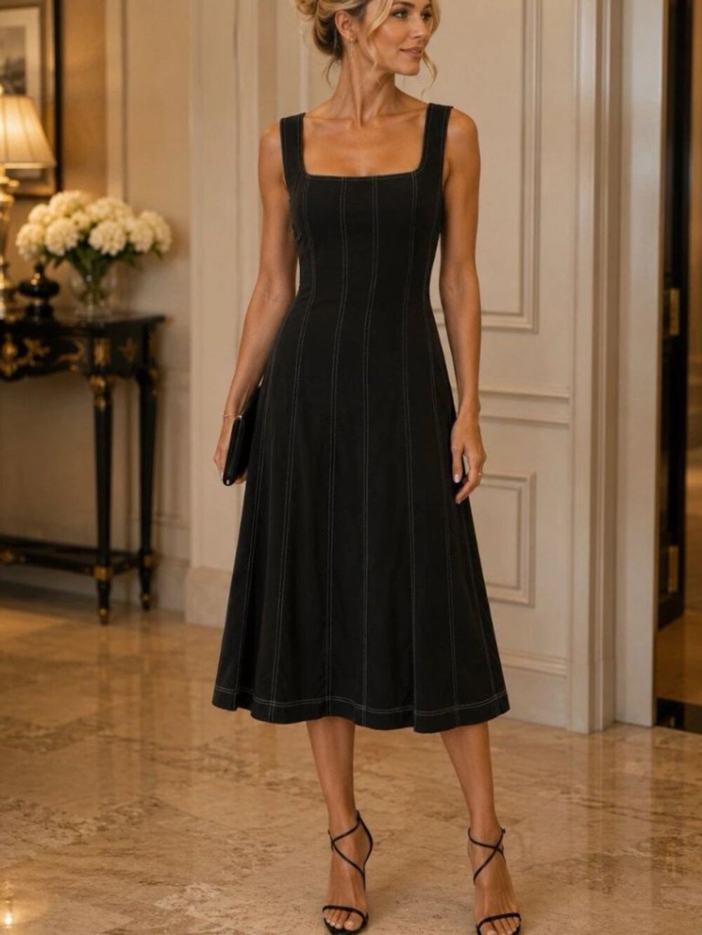 Christian Lacroix Black Linen Blend Midi Dress Contrast Stitch Fit & Flair Sz L